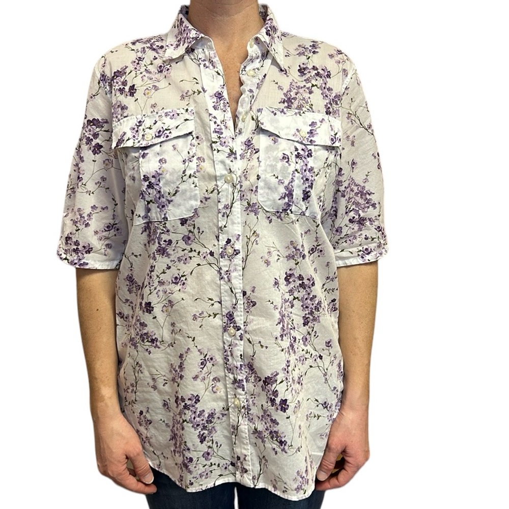 Lauren Ralph Lauren Sheer Button Down Tunic Blouse Floral Purple/White L
